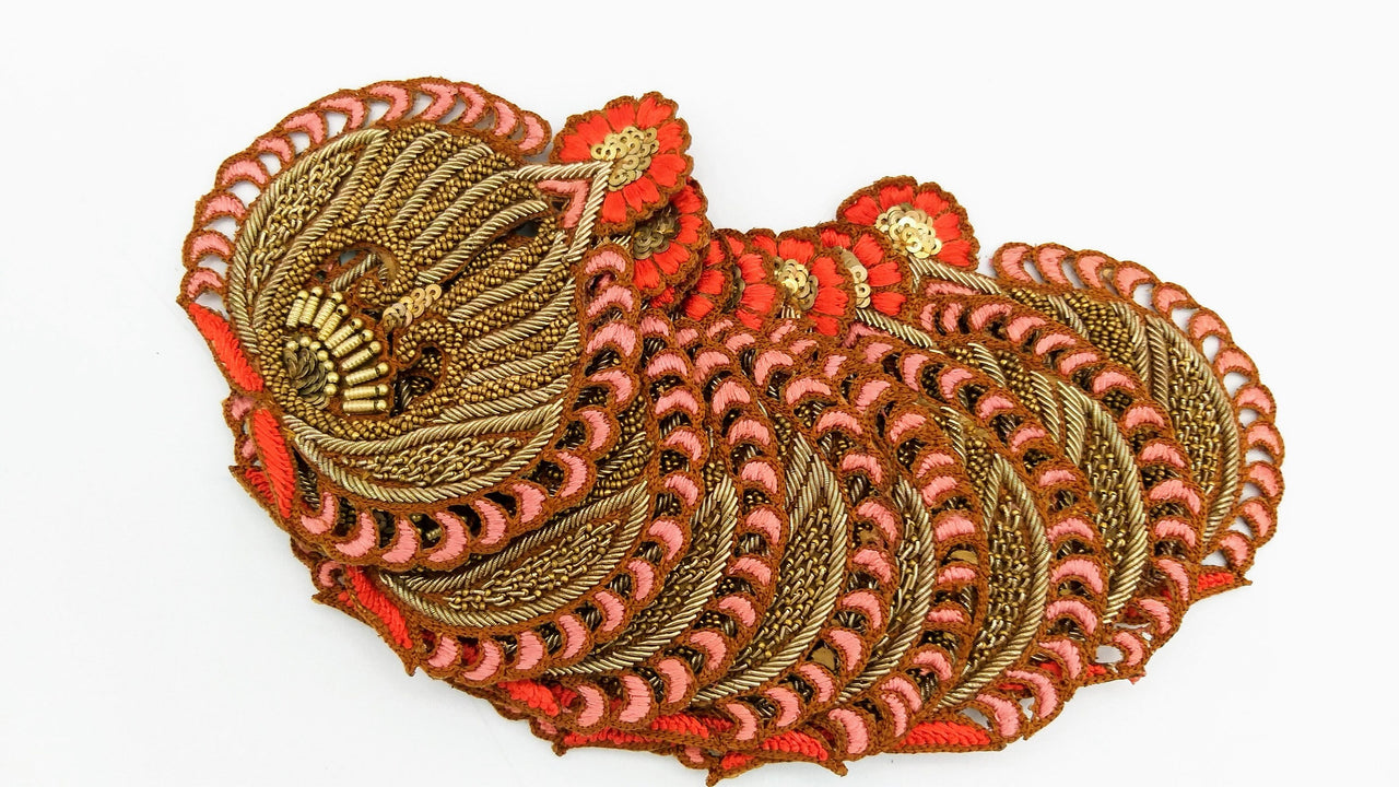 Embroidered Applique With Gold Zardozi Embroidery, Beads and Sequins, Blush Pink And Orange Appliqué Patch