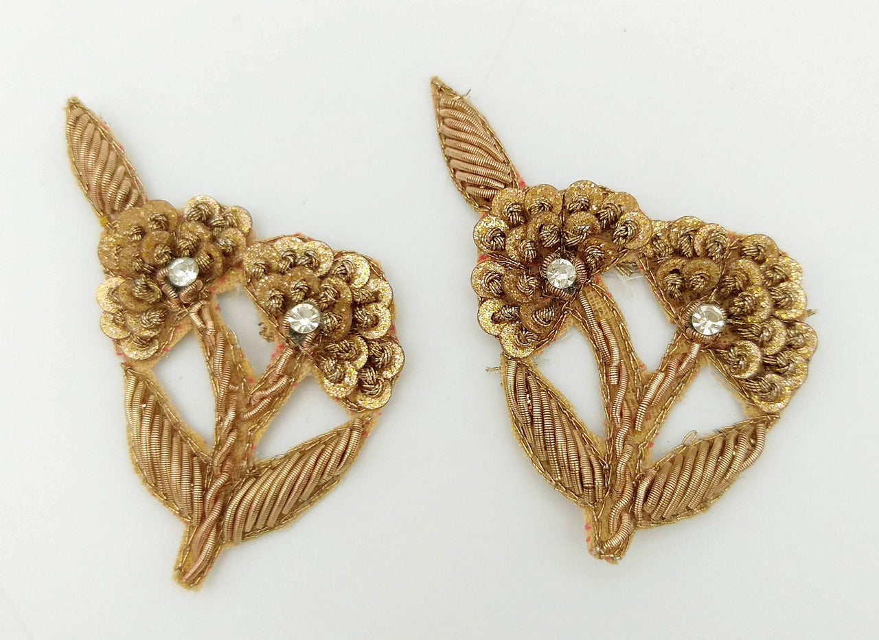 Hand Embroidered Floral Applique Antique Gold With Bullion Wire Zardozi Embroidery Motif, 3 pcs