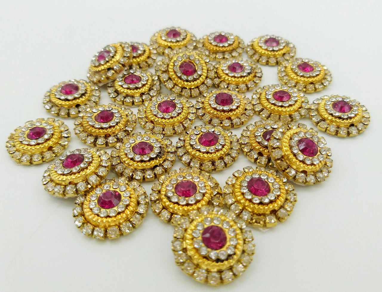 10 Dark Pink and Diamante Rhinestones Gold Tiny Round Appliques, Beaded Applique, Headband Applique