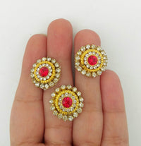 Thumbnail for 10 Red and Diamante Rhinestones Gold Tiny Round Appliques, Beaded Applique, Headband Applique