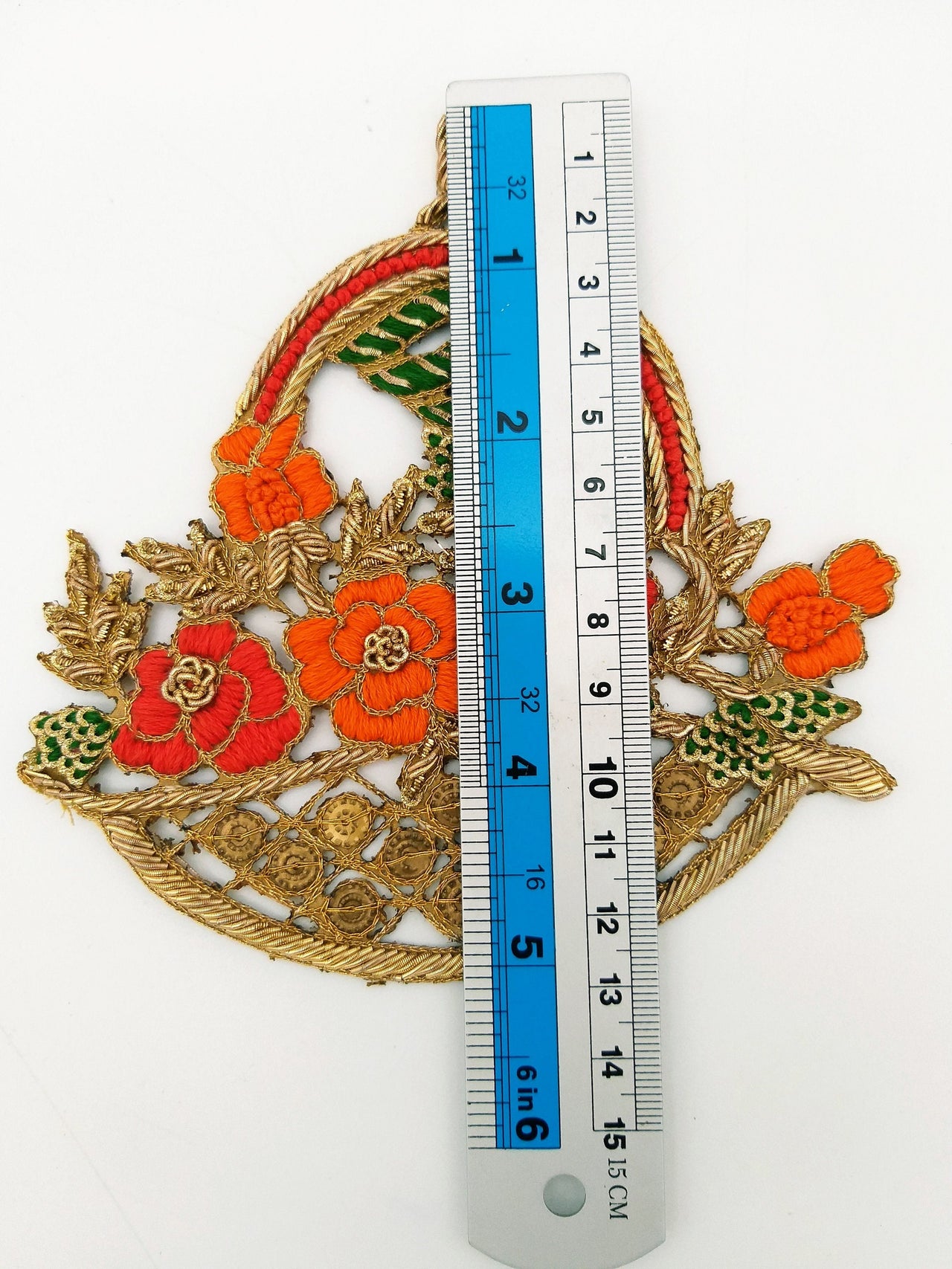 Hand Embroidered Zardozi Flower Basket Applique in Orange and Antique Gold with Gold Sequins