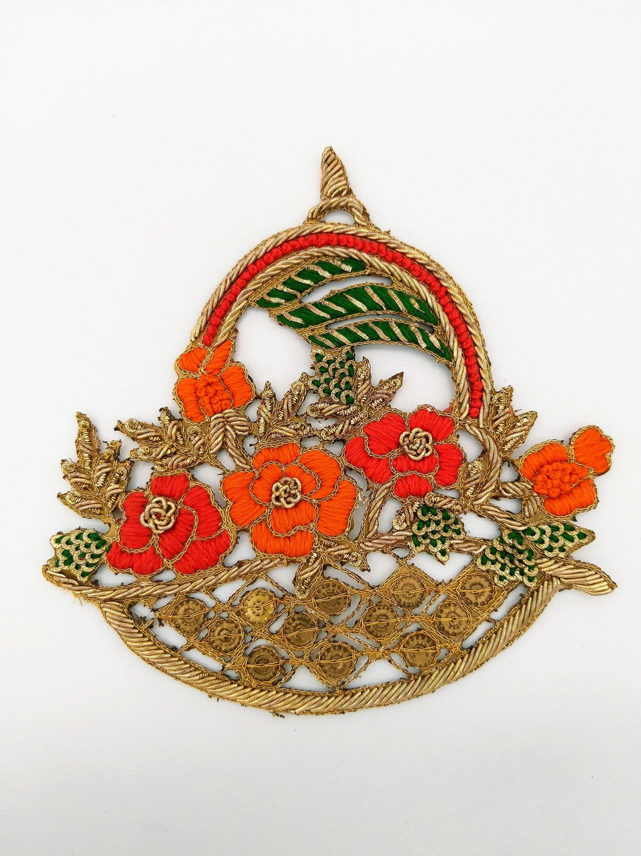 Hand Embroidered Zardozi Flower Basket Applique in Orange and Antique Gold with Gold Sequins