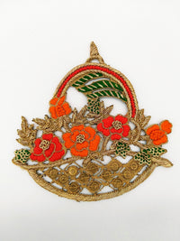 Thumbnail for Hand Embroidered Zardozi Flower Basket Applique in Orange and Antique Gold with Gold Sequins