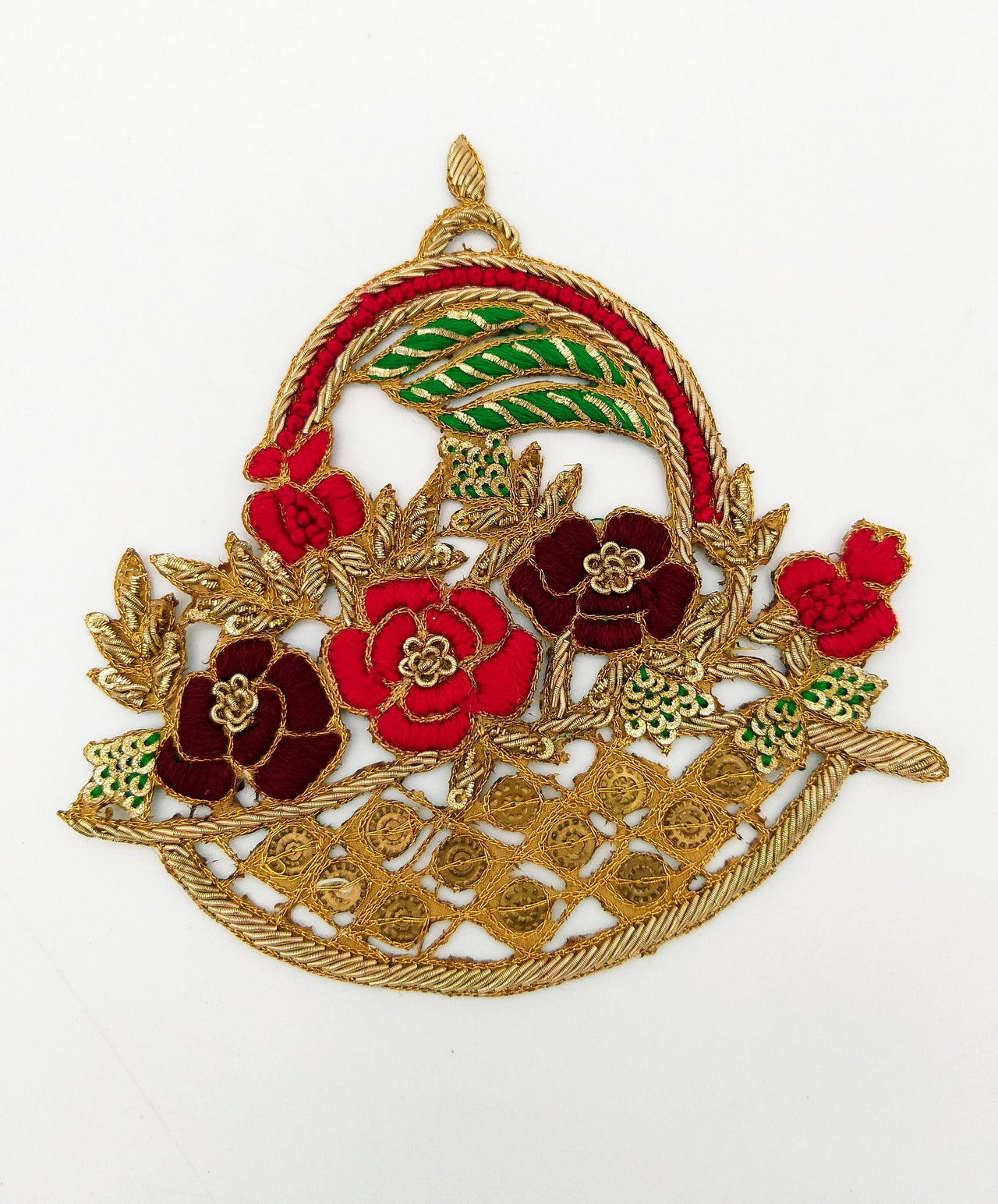 Hand Embroidered Zardozi Flower Basket Applique in Orange, Peach and Antique Gold, Wedding Dress Applique