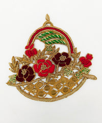 Thumbnail for Hand Embroidered Zardozi Flower Basket Applique in Orange, Peach and Antique Gold, Wedding Dress Applique