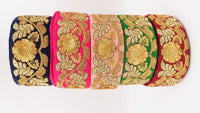 Thumbnail for Fuchsia Pink Art Silk Trim In Gold Floral Embroidery, Gold Embroidered Flowers Border, Floral Trim