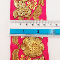 Thumbnail for Fuchsia Pink Art Silk Trim In Gold Floral Embroidery, Gold Embroidered Flowers Border, Floral Trim