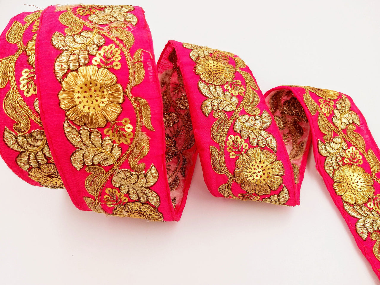 Fuchsia Pink Art Silk Trim In Gold Floral Embroidery, Gold Embroidered Flowers Border, Floral Trim
