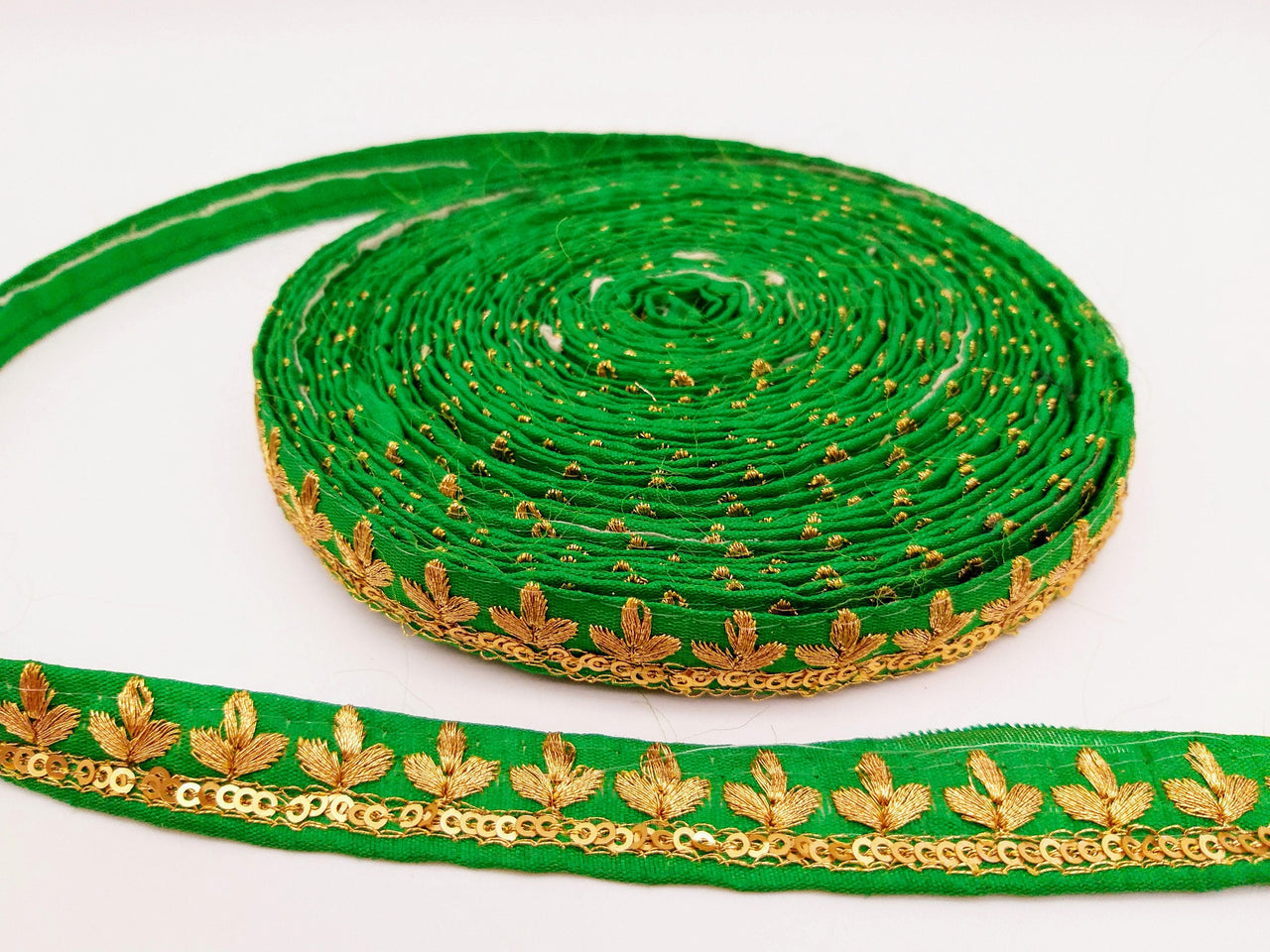 Green Art Silk Trim with Gold Floral Embroidery and Gold Sequins Indian Sari Border Trim By 3 Yards Decorative Trim Craft Lace