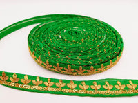 Thumbnail for Green Art Silk Trim with Gold Floral Embroidery and Gold Sequins Indian Sari Border Trim By 3 Yards Decorative Trim Craft Lace