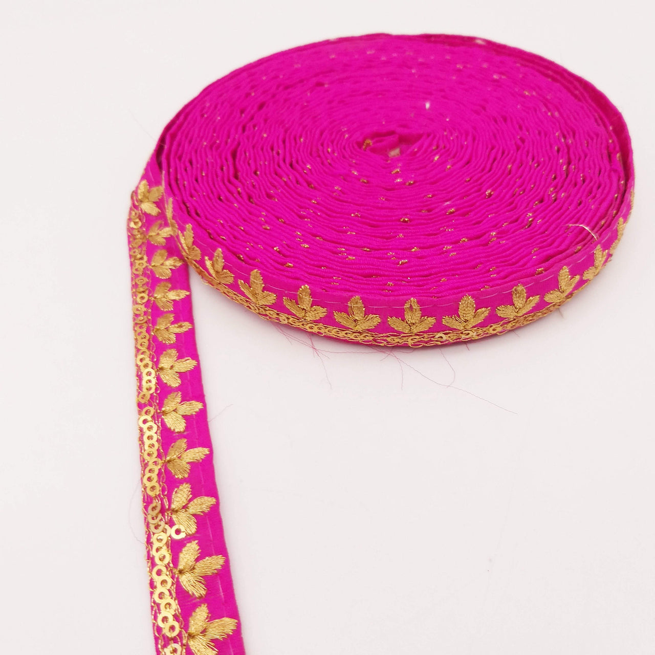 Fuchsia Pink Art Silk Trim with Gold Floral Embroidery and Gold Sequins Indian Sari Border Trim By 3 Yards Decorative Trim Craft Lace
