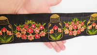Thumbnail for Black Art Silk Trim With Floral Embroidery & Sequins, Red, Green And Gold Flower Embroidered Trim