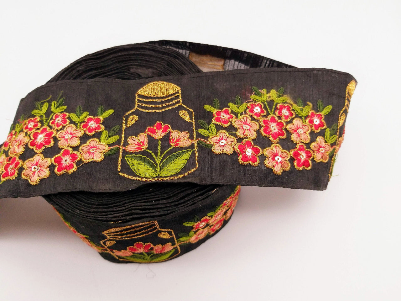 Black Art Silk Trim With Floral Embroidery & Sequins, Red, Green And Gold Flower Embroidered Trim