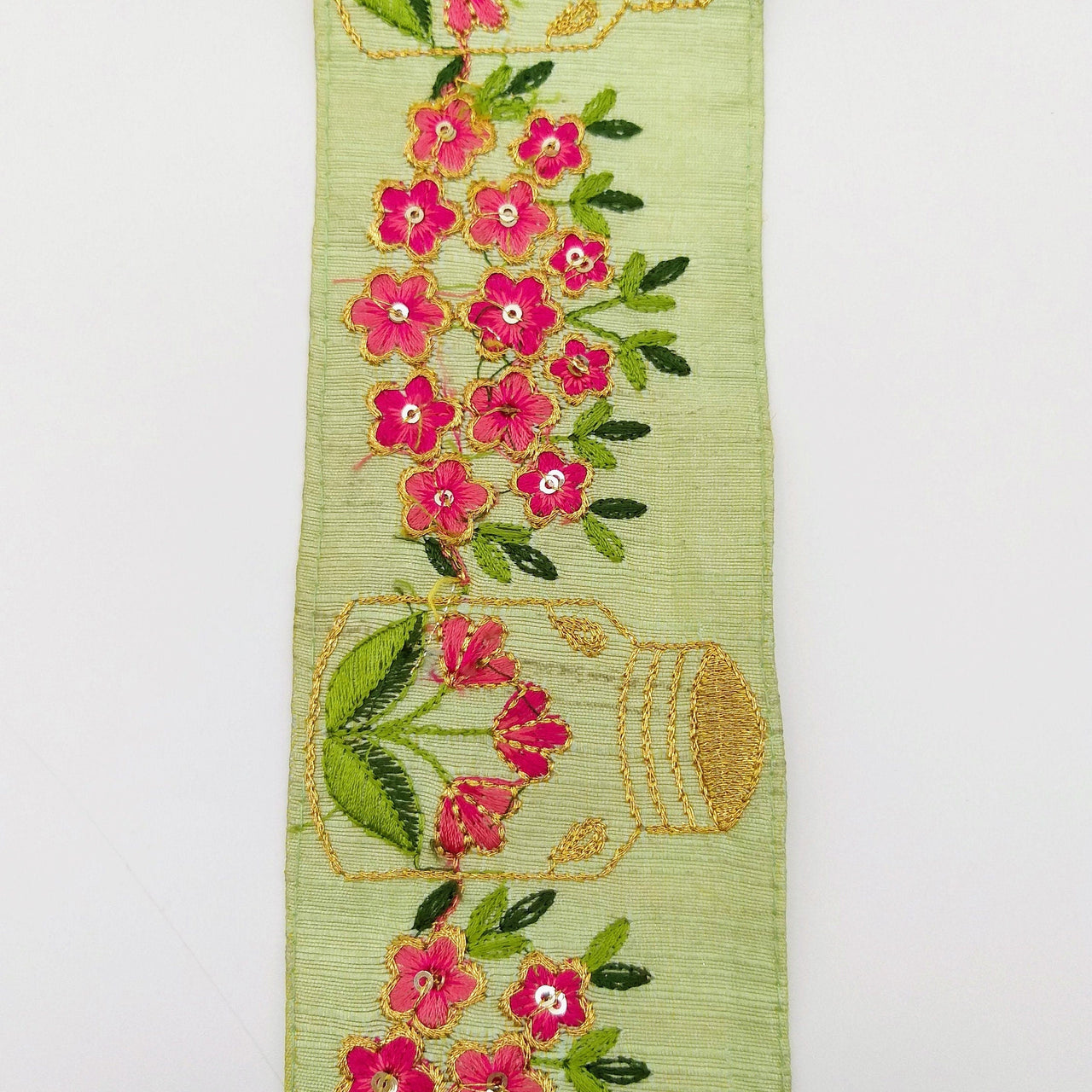 Sage Green Art Silk Trim With Floral Embroidery & Sequins, Pink And Gold Flower Embroidered Trim, Trim By Yard