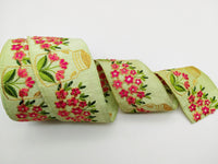 Thumbnail for Sage Green Art Silk Trim With Floral Embroidery & Sequins, Pink And Gold Flower Embroidered Trim, Trim By Yard