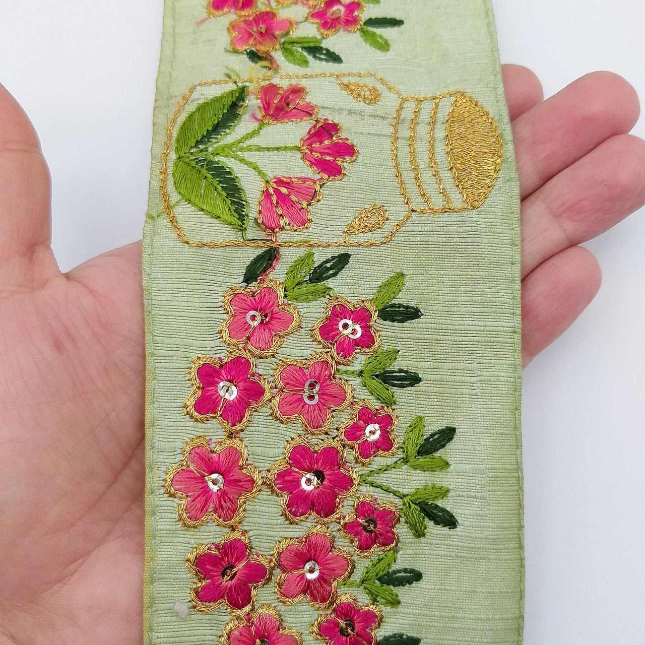 Sage Green Art Silk Trim With Floral Embroidery & Sequins, Pink And Gold Flower Embroidered Trim, Trim By Yard