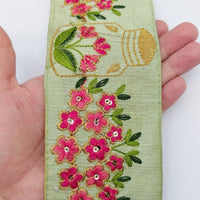 Thumbnail for Sage Green Art Silk Trim With Floral Embroidery & Sequins, Pink And Gold Flower Embroidered Trim, Trim By Yard