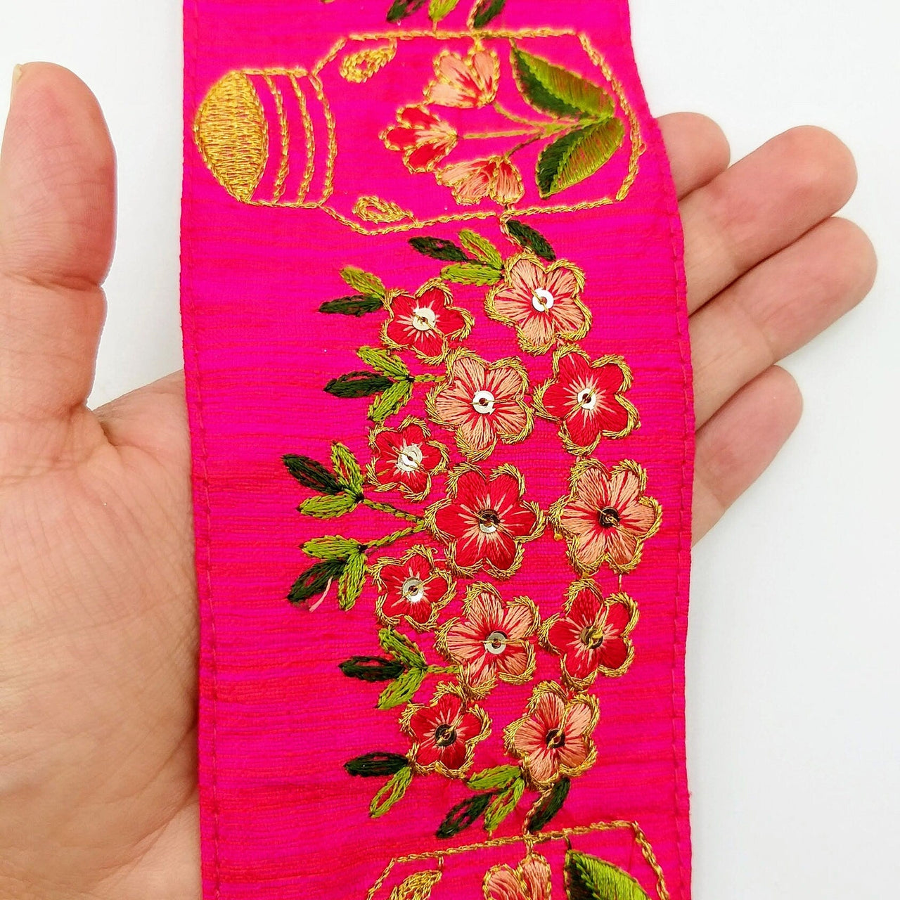 Pink Art Silk Trim With Floral Embroidery & Sequins, Red, Green And Gold Flower Embroidered Trim
