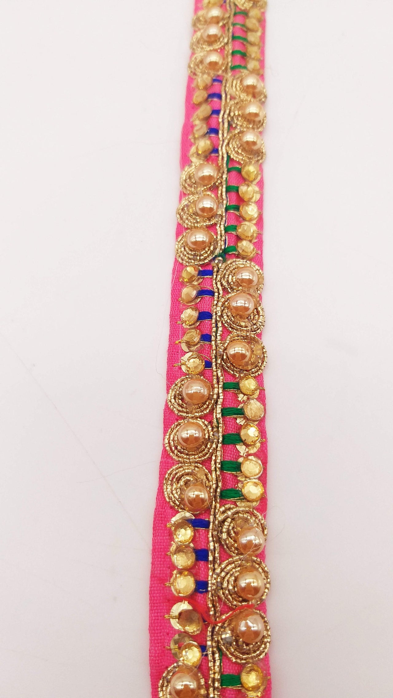 Cerise Pink Fabric Embroidered Trim with Gold Beads, Decorative Sari Trim, Trim By 3 Yards