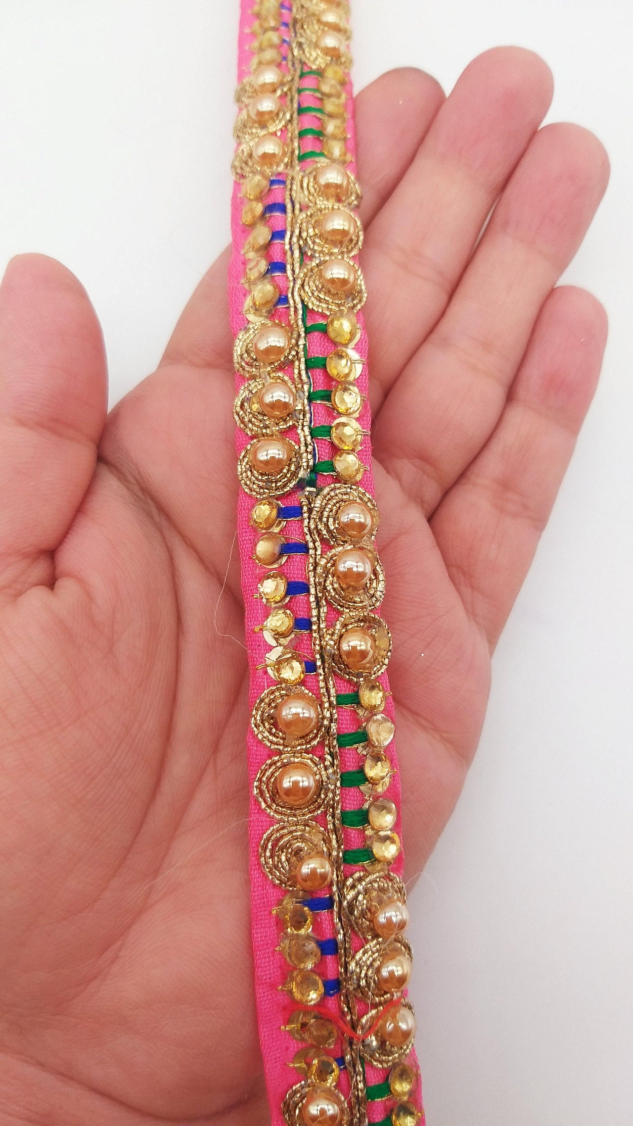 Cerise Pink Fabric Embroidered Trim with Gold Beads, Decorative Sari Trim, Trim By 3 Yards