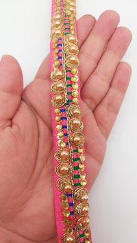 Thumbnail for Cerise Pink Fabric Embroidered Trim with Gold Beads, Decorative Sari Trim, Trim By 3 Yards