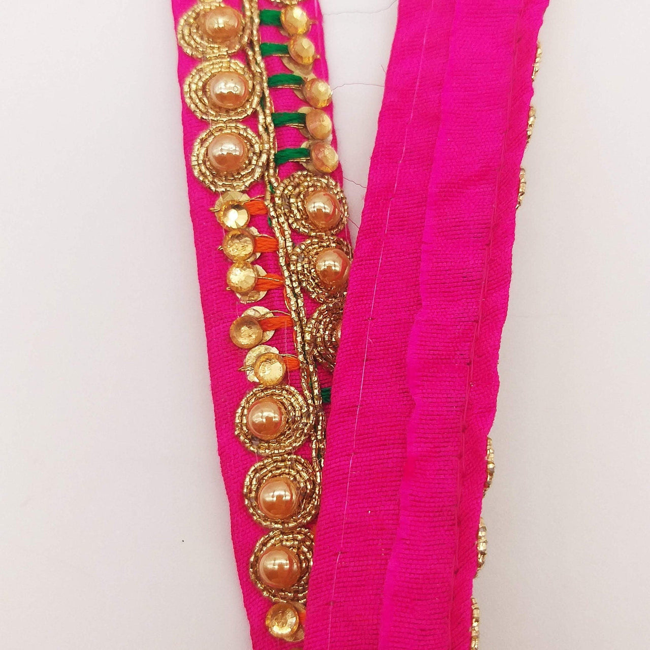 Fuchsia Pink Fabric Embroidered Trim with Gold Beads, Decorative Sari Trim, Trim By 3 Yards