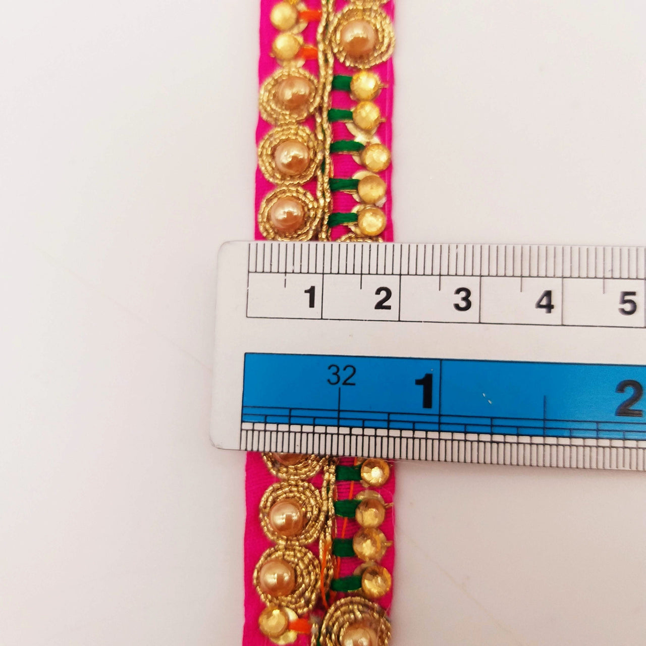Fuchsia Pink Fabric Embroidered Trim with Gold Beads, Decorative Sari Trim, Trim By 3 Yards