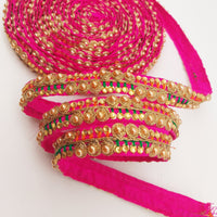 Thumbnail for Fuchsia Pink Fabric Embroidered Trim with Gold Beads, Decorative Sari Trim, Trim By 3 Yards