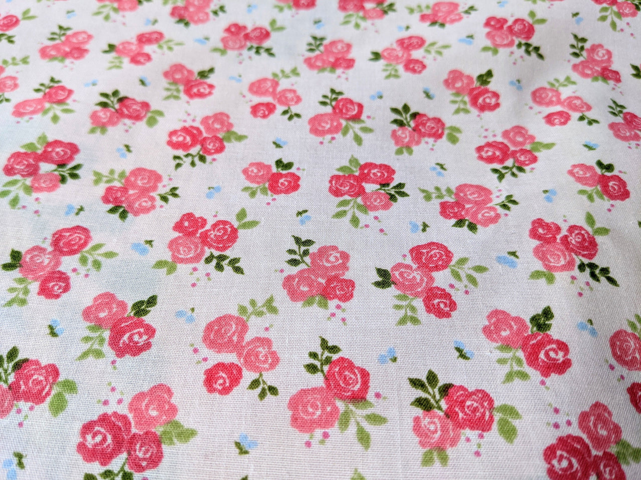Pink Sally Poly Cotton Triple Rose Floral Fabric, Small Print Fabric, Small Flower Fabric