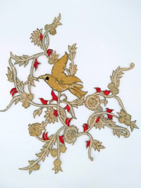 Thumbnail for Large Hand Embroidered Sparkly Bird Applique With Red, Silver and Gold Embroidery With Zardozi Work, Bird and Floral Applique