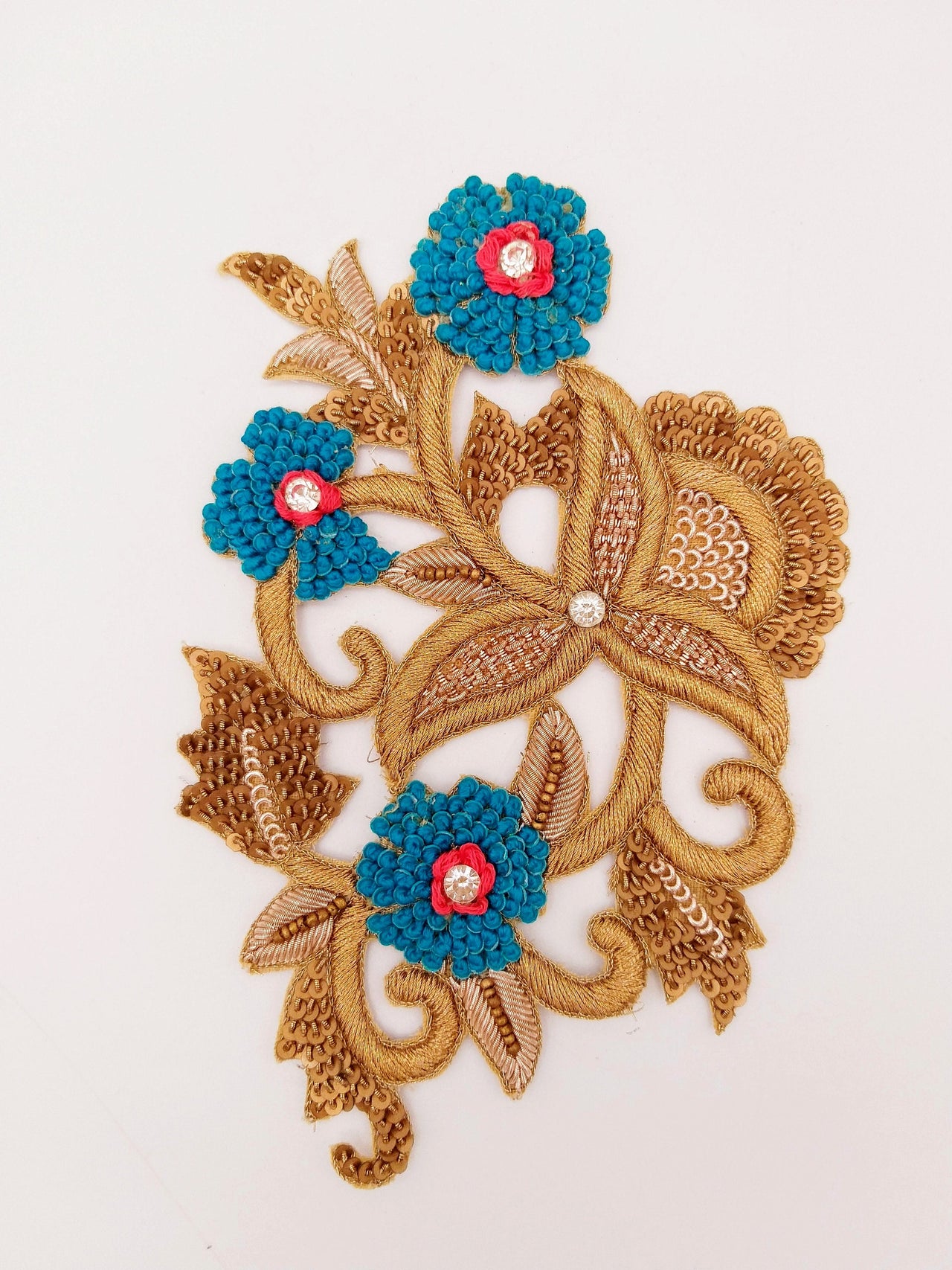 Antique Gold and Blue Embroidered Flower Applique Patch, Floral Applique, Floral Motif