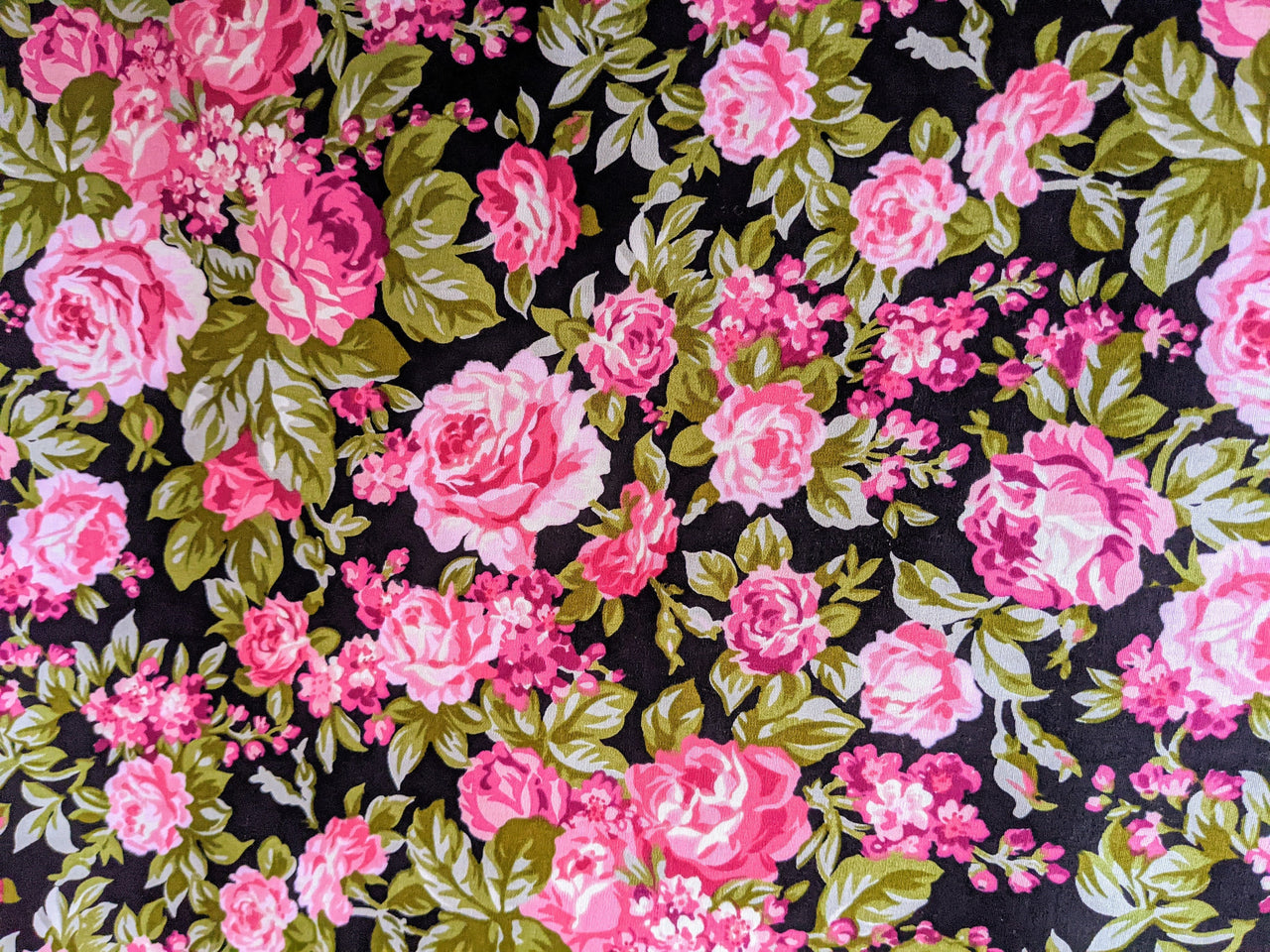 Black And Pink 100 % Cotton Rose Floral Fabric, Floral Print Fabric, Roses Flower Fabric