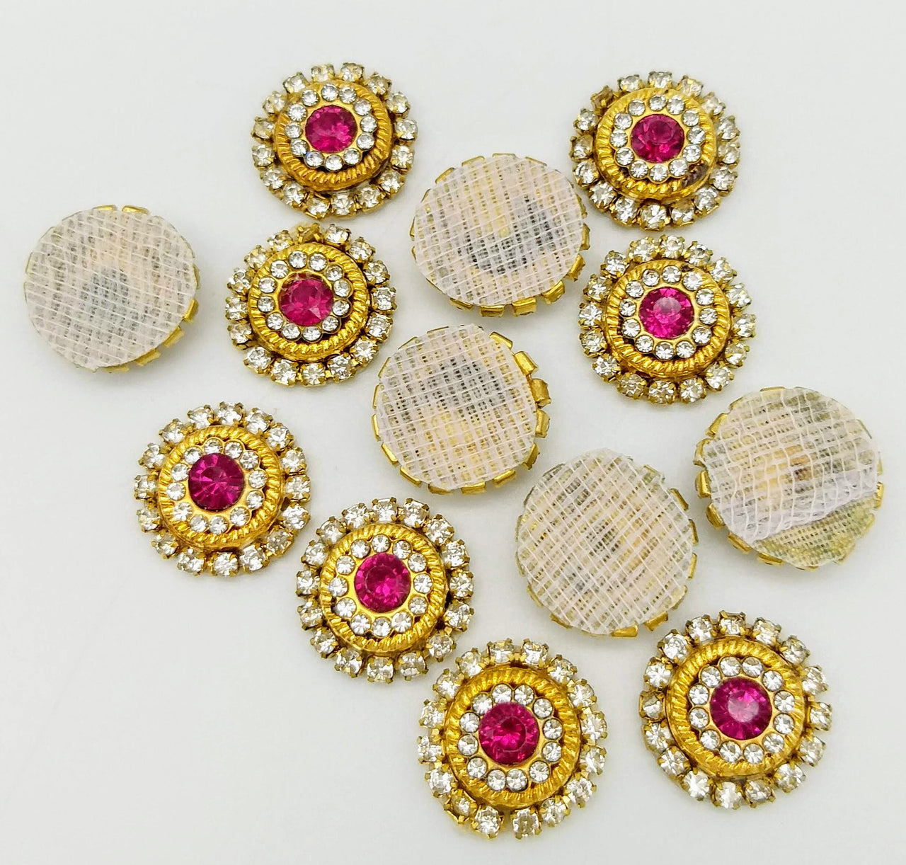 10 Dark Pink and Diamante Rhinestones Gold Tiny Round Appliques, Beaded Applique, Headband Applique