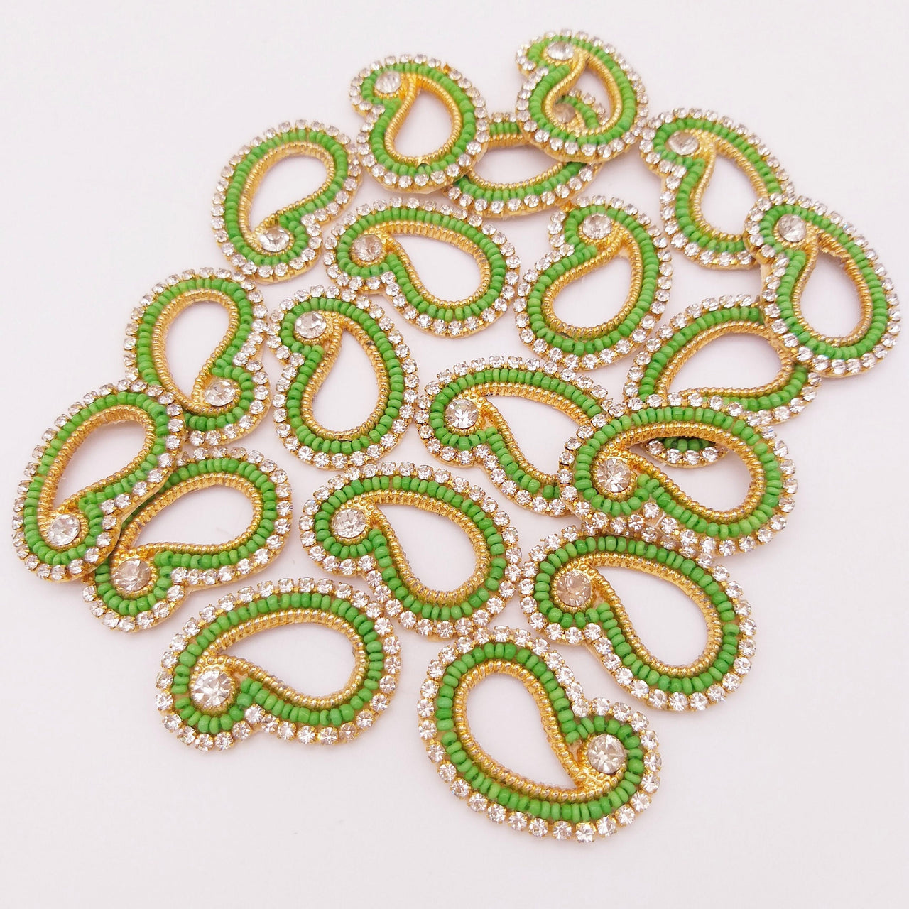 5 Paisley Appliques In Green Seed Beads and Rhinestones, Gold Tiny Paisley Appliques, Beaded Applique