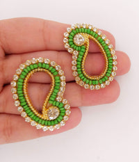 Thumbnail for 5 Paisley Appliques In Green Seed Beads and Rhinestones, Gold Tiny Paisley Appliques, Beaded Applique