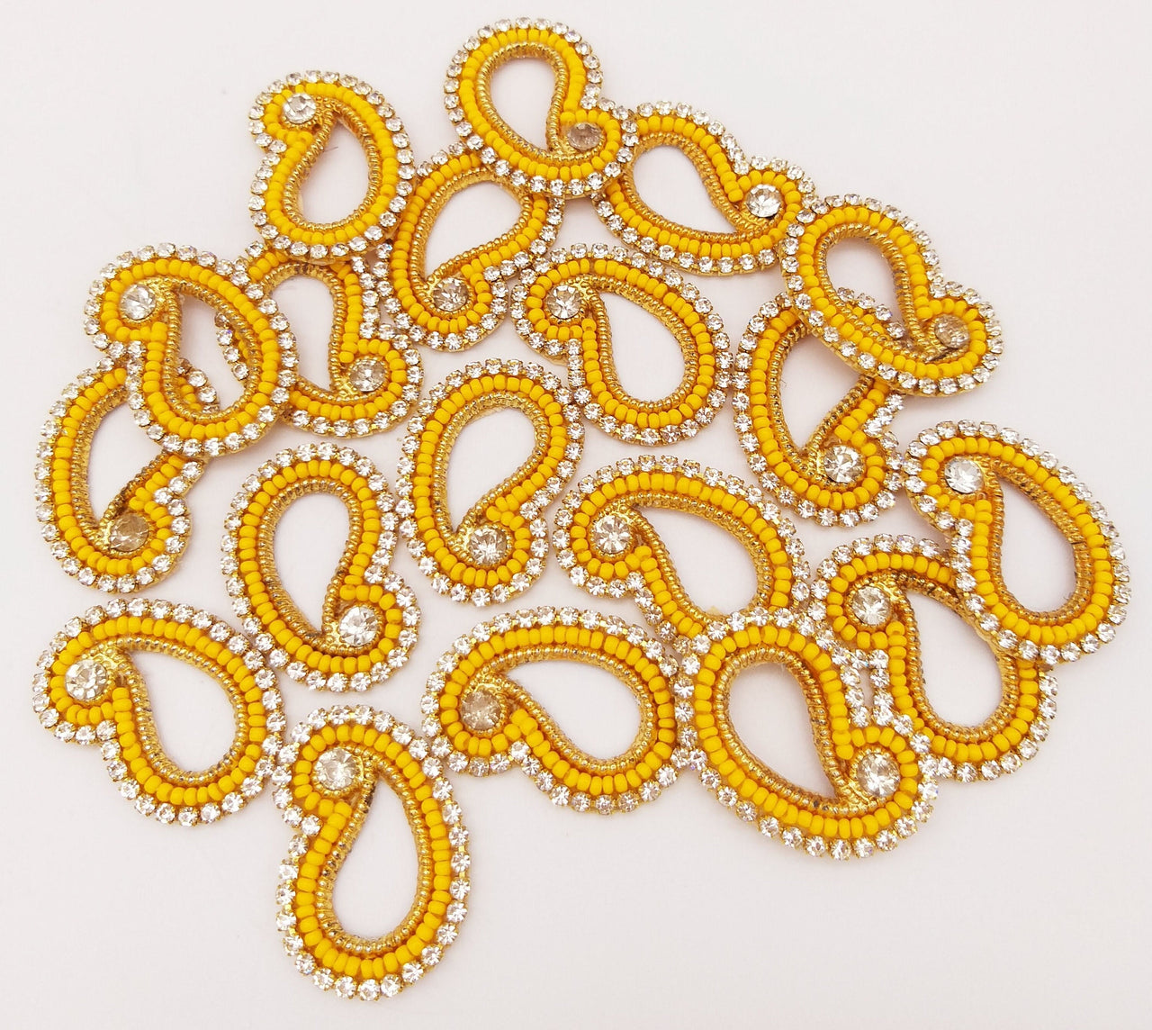 5 Paisley Appliques In Yellow Seed Beads and Rhinestones, Gold Paisley Appliques, Beaded Applique