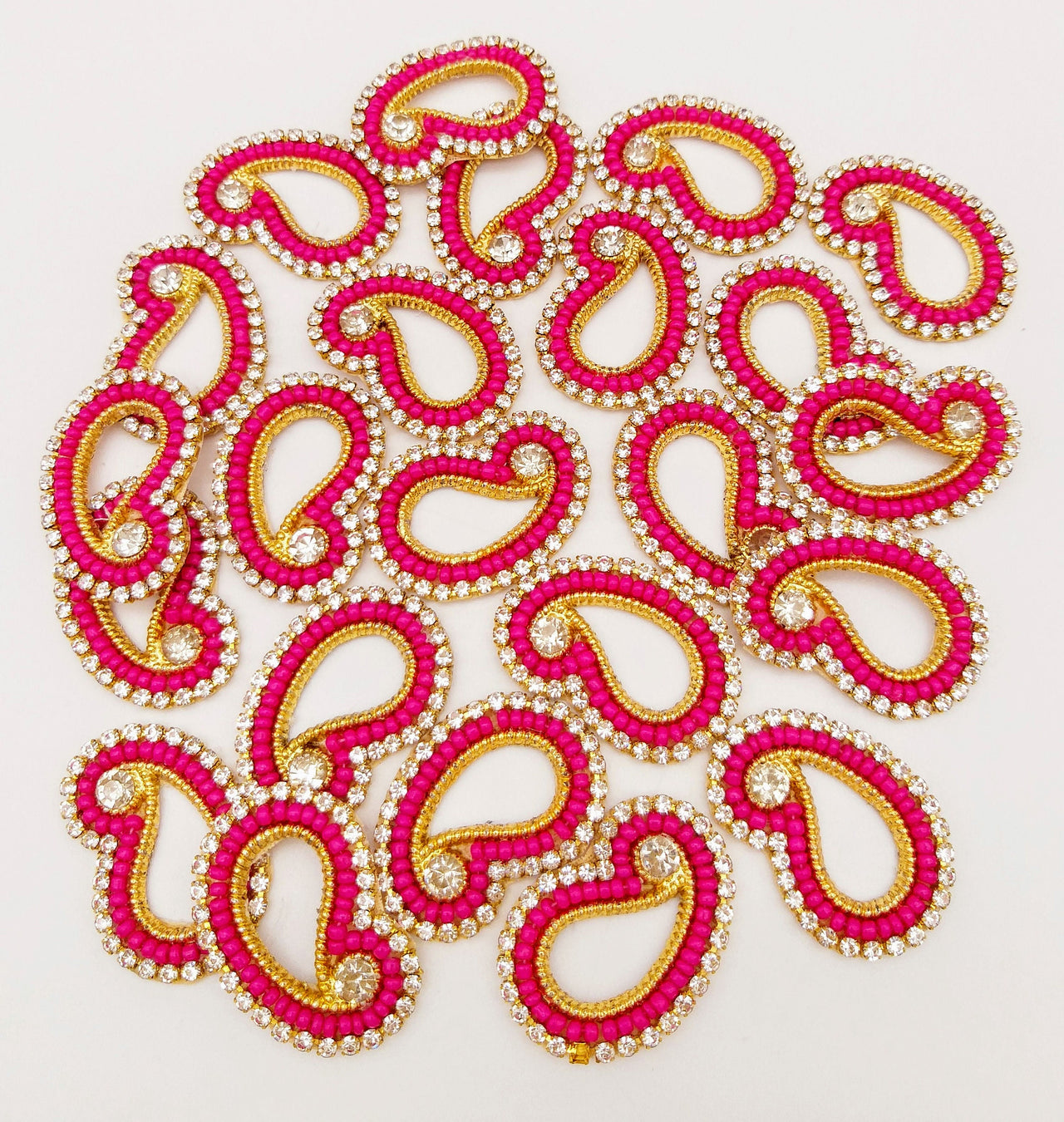 5 Paisley Appliques In Magenta Pink Beads and Rhinestones, Gold Paisley Appliques, Beaded Applique