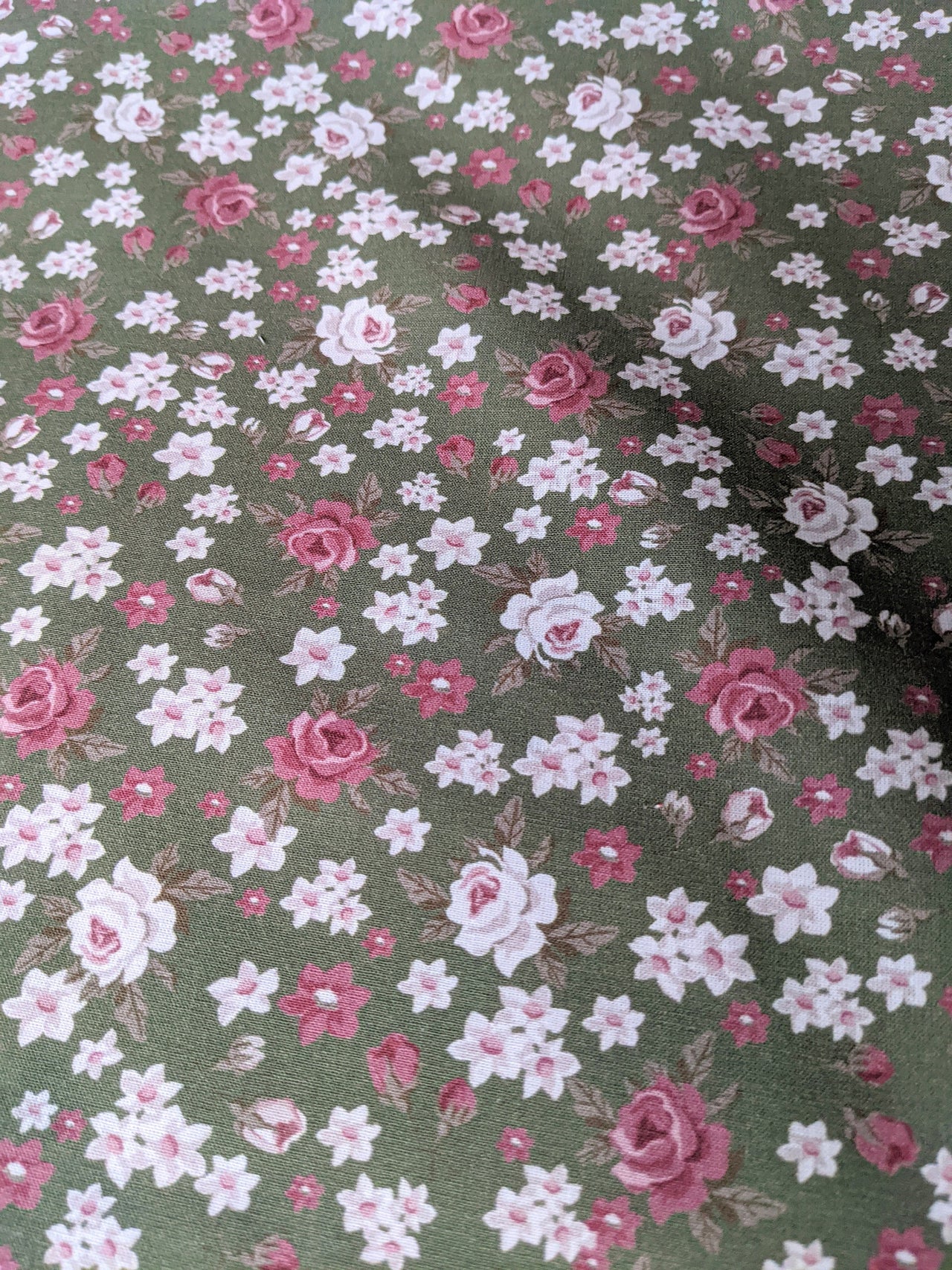 Green And Pink Fabric, 100 % Cotton Rose Floral Fabric, Roses Flower Fabric