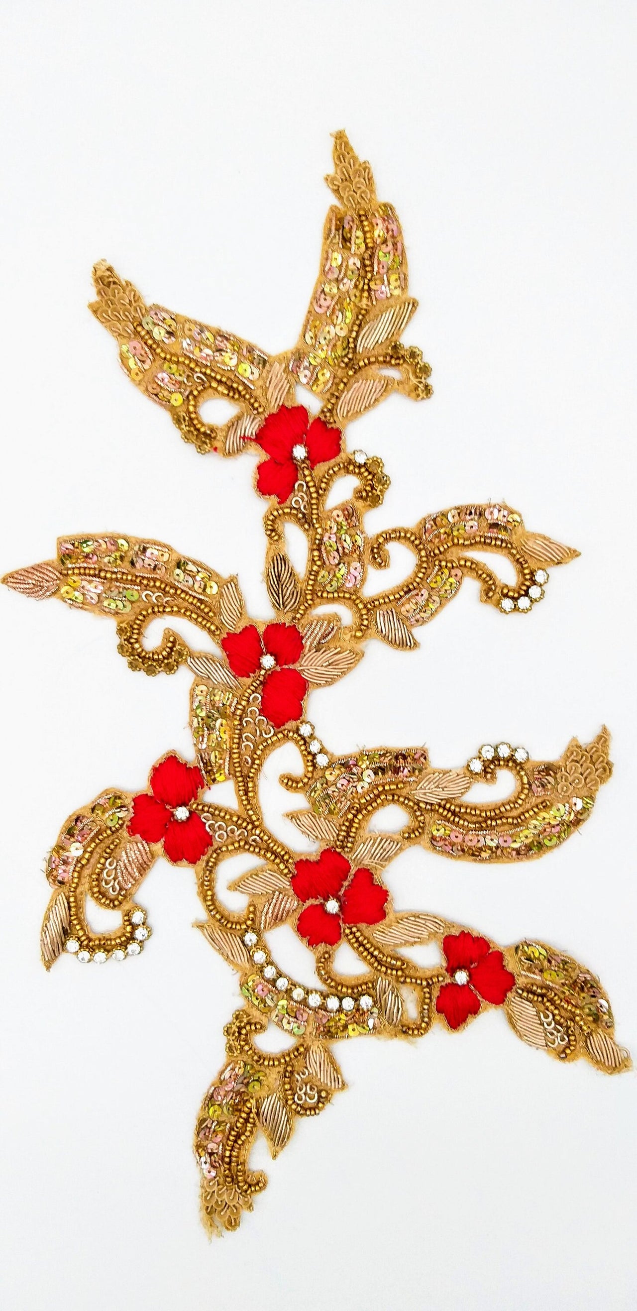 Hand Embroidered Zardozi Floral Applique in Red and Antique Gold, Wedding Dress Applique,Sari Blouse Applique
