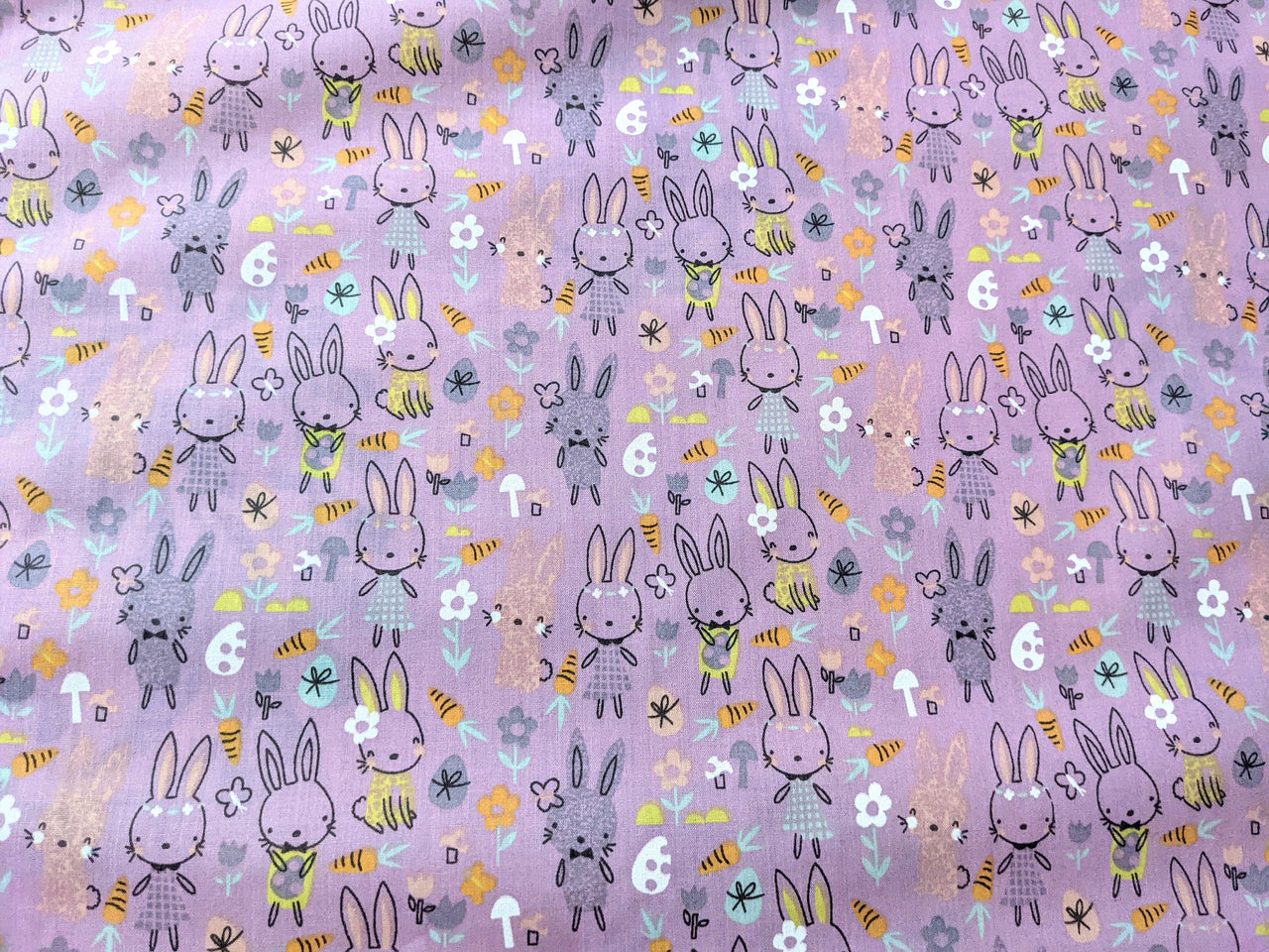 Lilac Purple Sally Polycotton Spring Bunny Rabbit Easter Fabric, Festive Fabric, Holiday Fabric