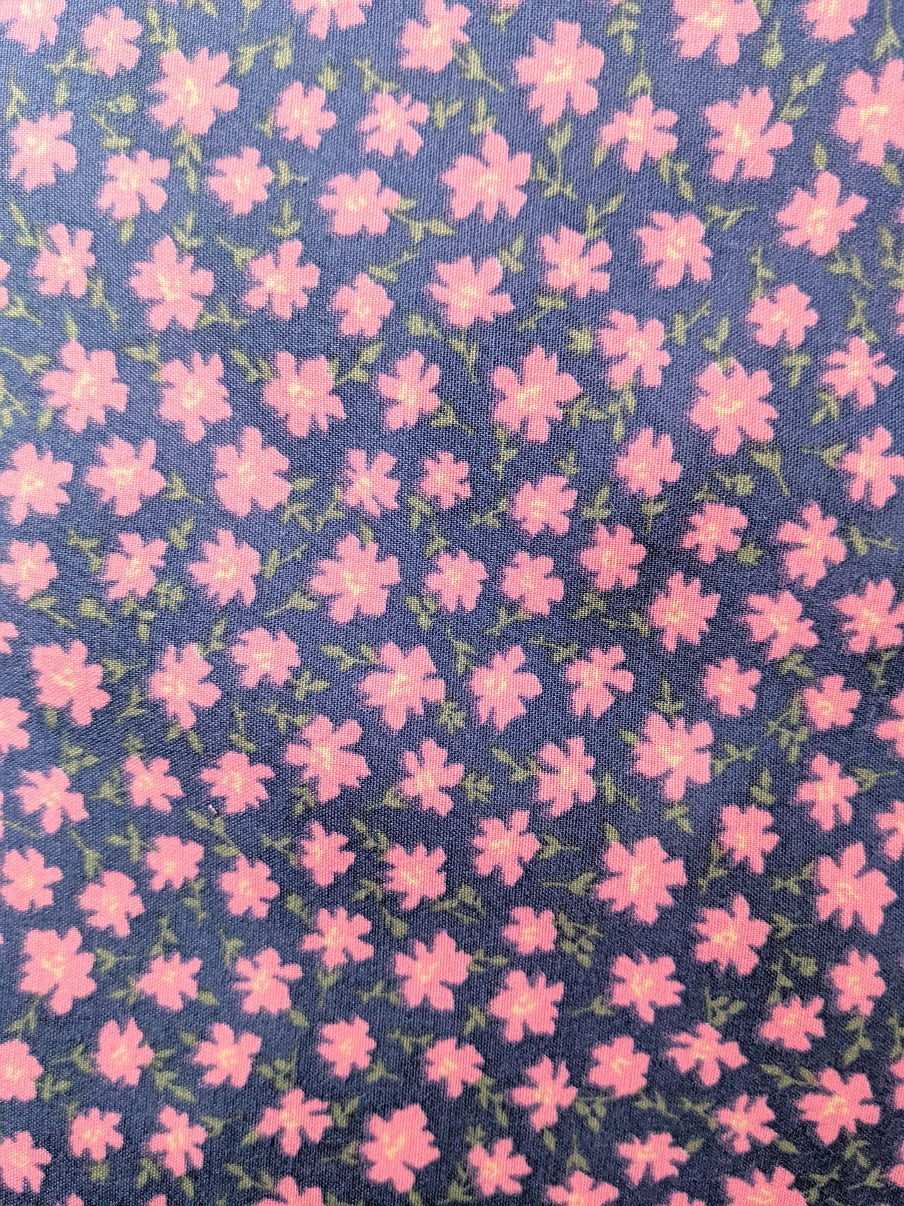 Blue Poly Cotton Fabric, Pink Flower Garden Fabric, Floral Fabric