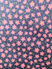 Thumbnail for Blue Poly Cotton Fabric, Pink Flower Garden Fabric, Floral Fabric