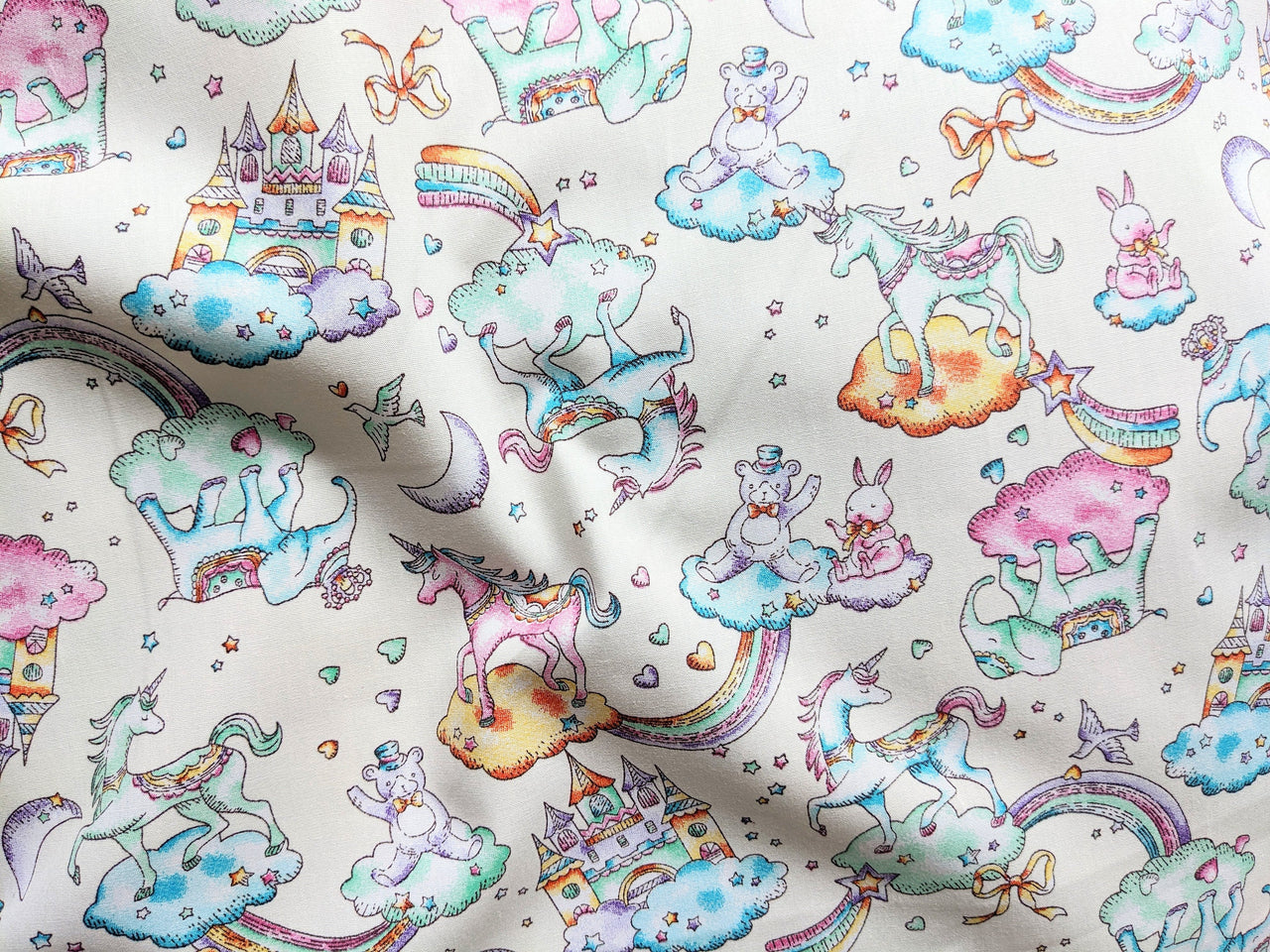 Rainbow Fabric, 100% Cotton, Unicorns And Castles Fabric