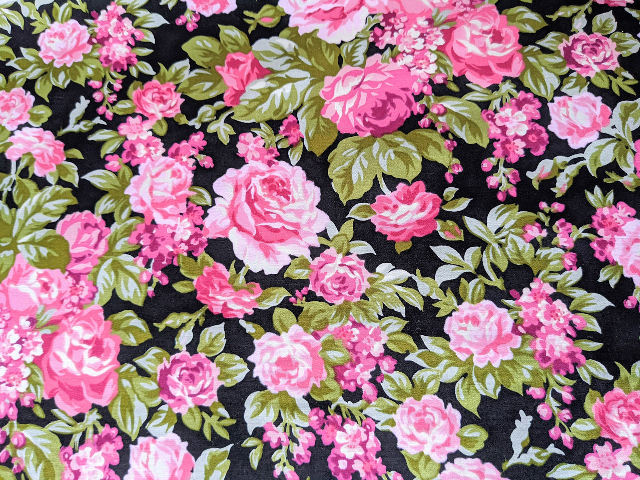 Black And Pink 100 % Cotton Rose Floral Fabric, Floral Print Fabric, Roses Flower Fabric