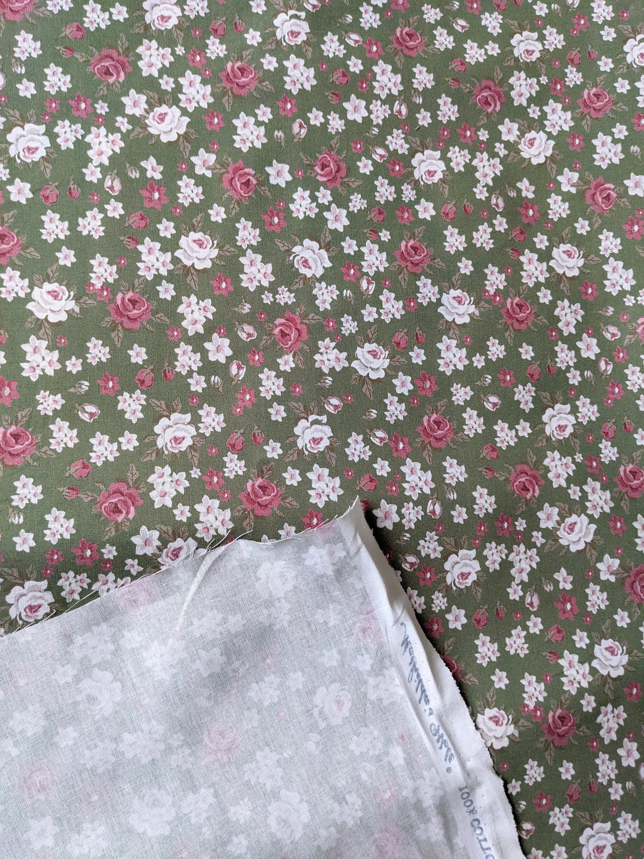 Green And Pink Fabric, 100 % Cotton Rose Floral Fabric, Roses Flower Fabric