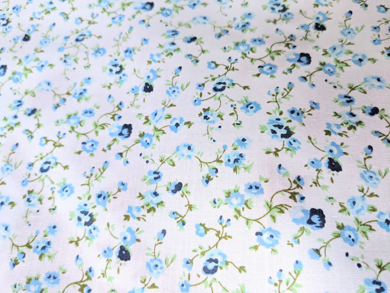 Blue Poly Cotton Rose Fabric, Floral Fabric, Small Print Fabric