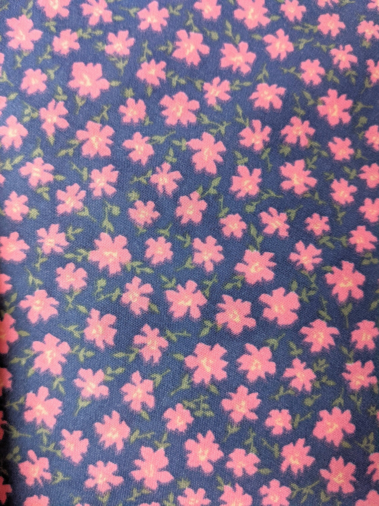 Blue Poly Cotton Fabric, Pink Flower Garden Fabric, Floral Fabric