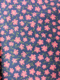Thumbnail for Blue Poly Cotton Fabric, Pink Flower Garden Fabric, Floral Fabric