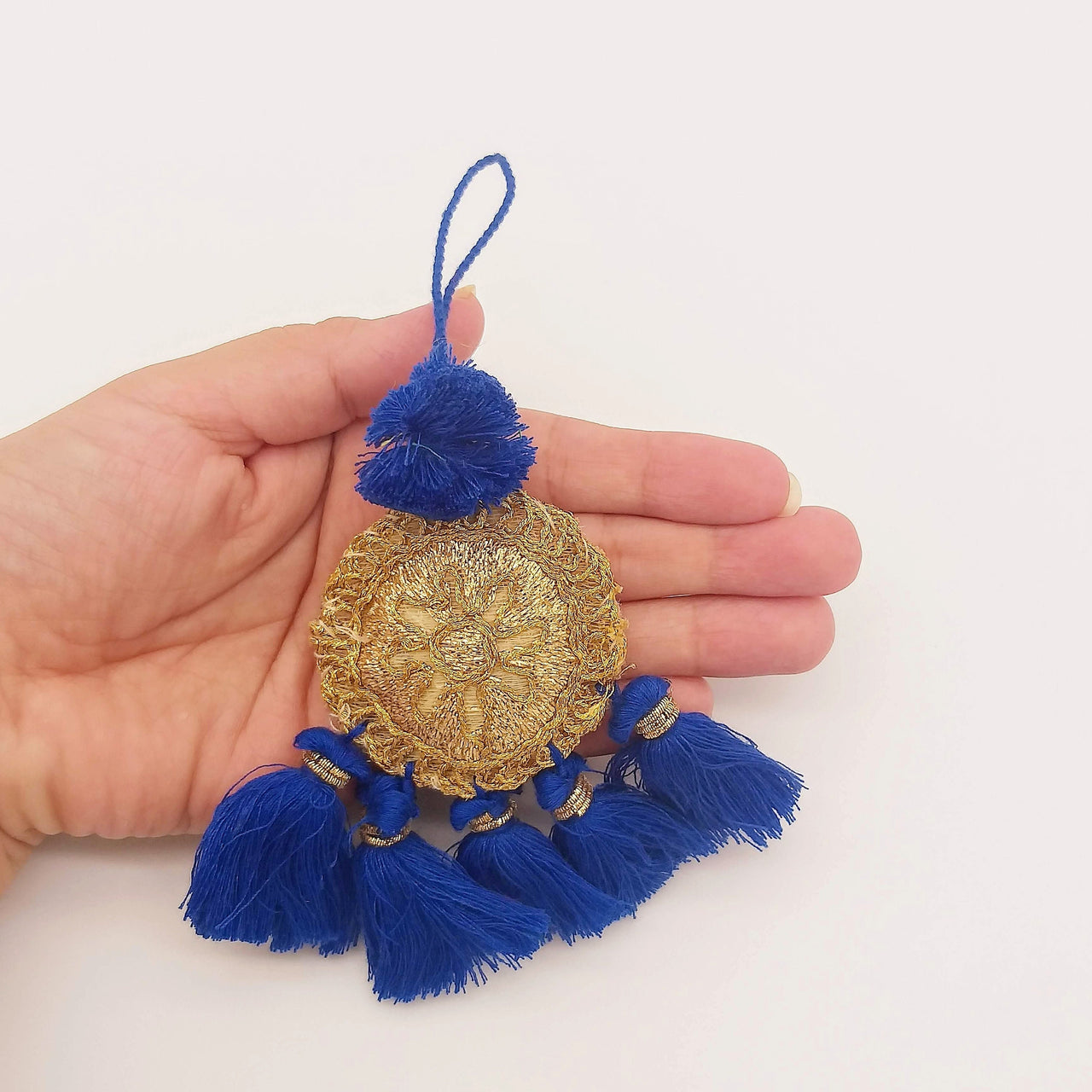 Set of 2 Embroidered Tassels, Royal Blue and Gold Tassels, Indian Tassels