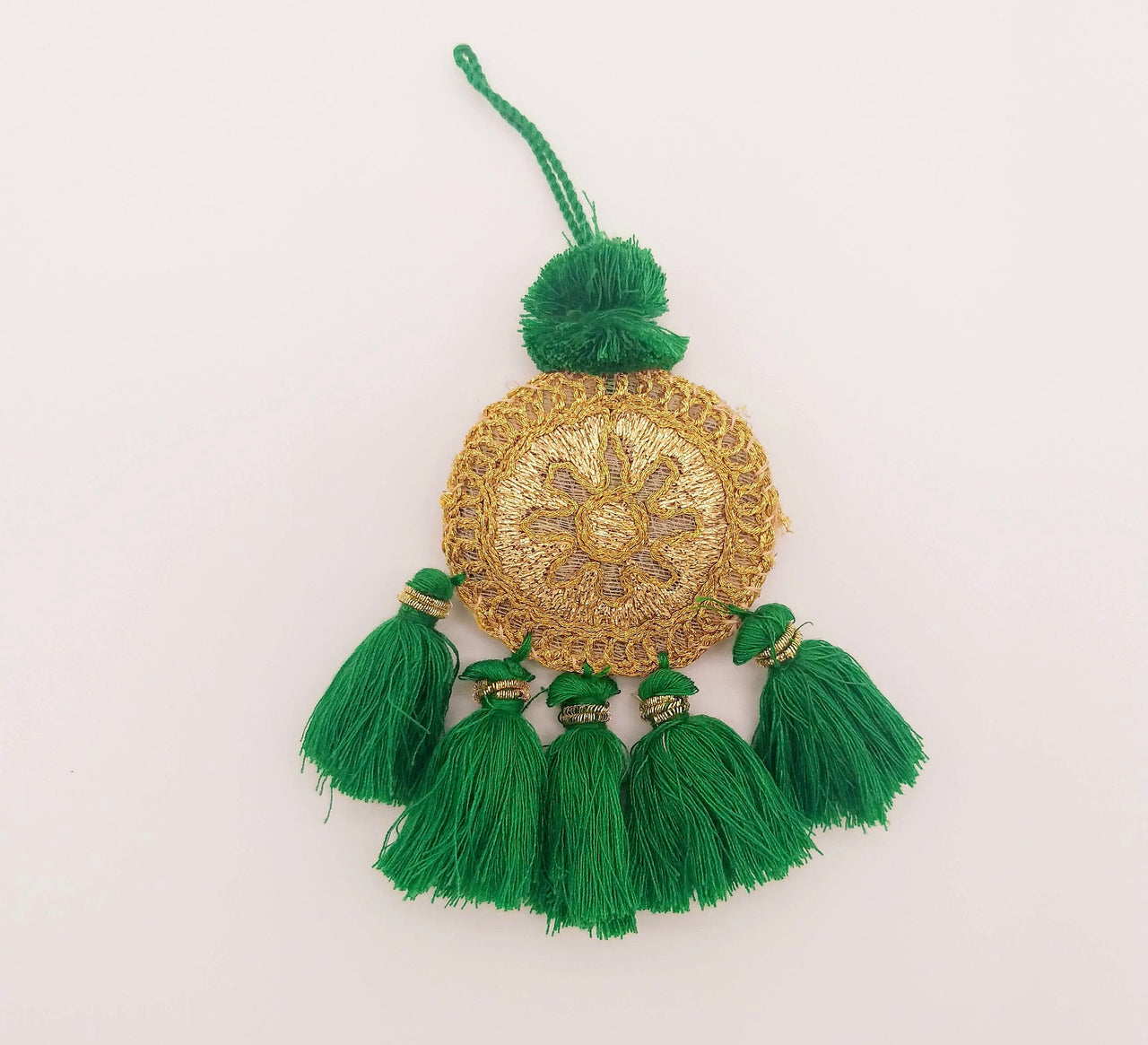 Set of 2 Embroidered Tassels, Green and Gold Tassels, Indian Tassels